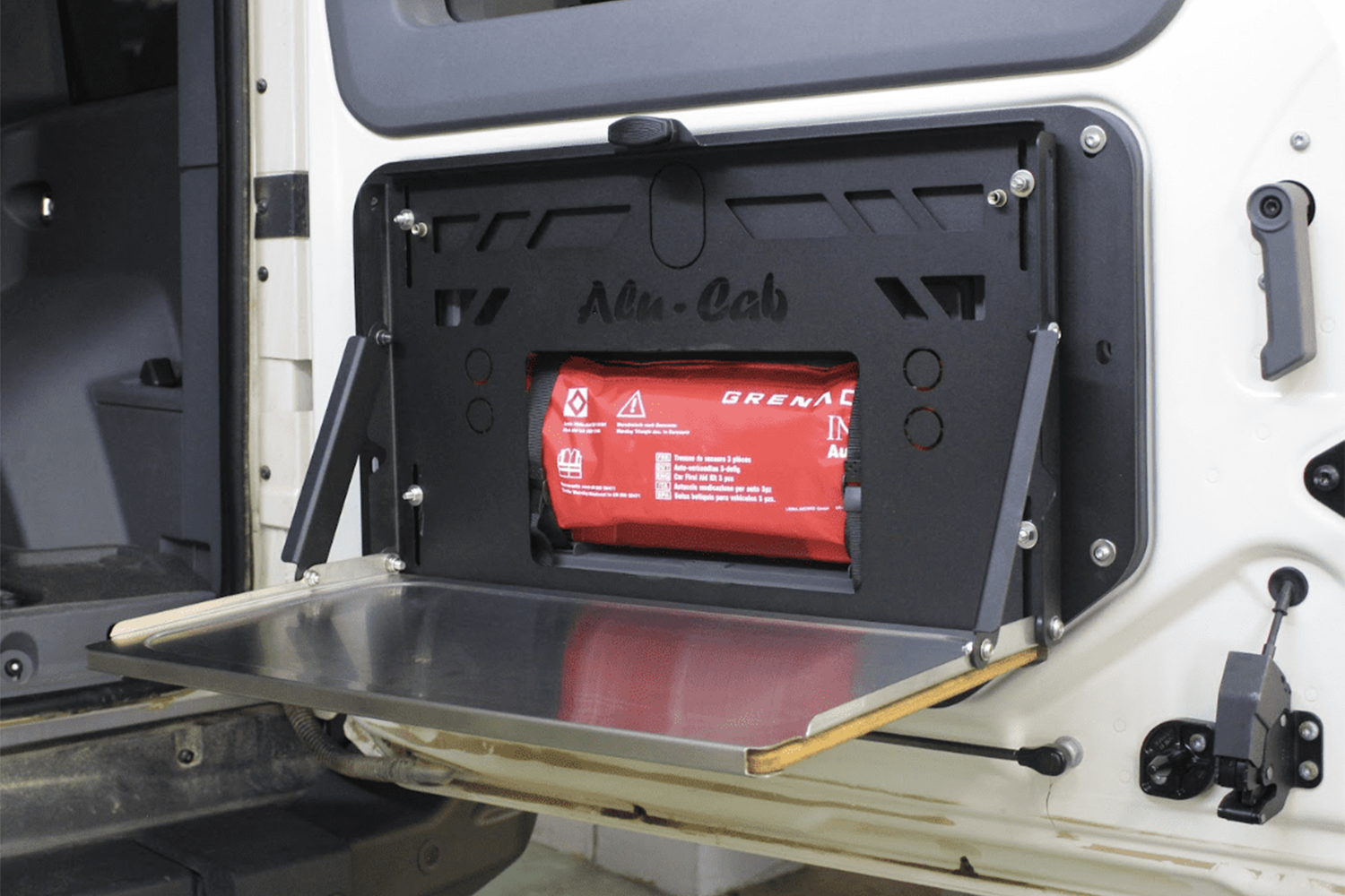 Alu-Cab 70 Series Rear Door Drop-Down Table Mounting Kit fitted to Toyota Land Cruiser 70 Series — Rival 4x4 Australia