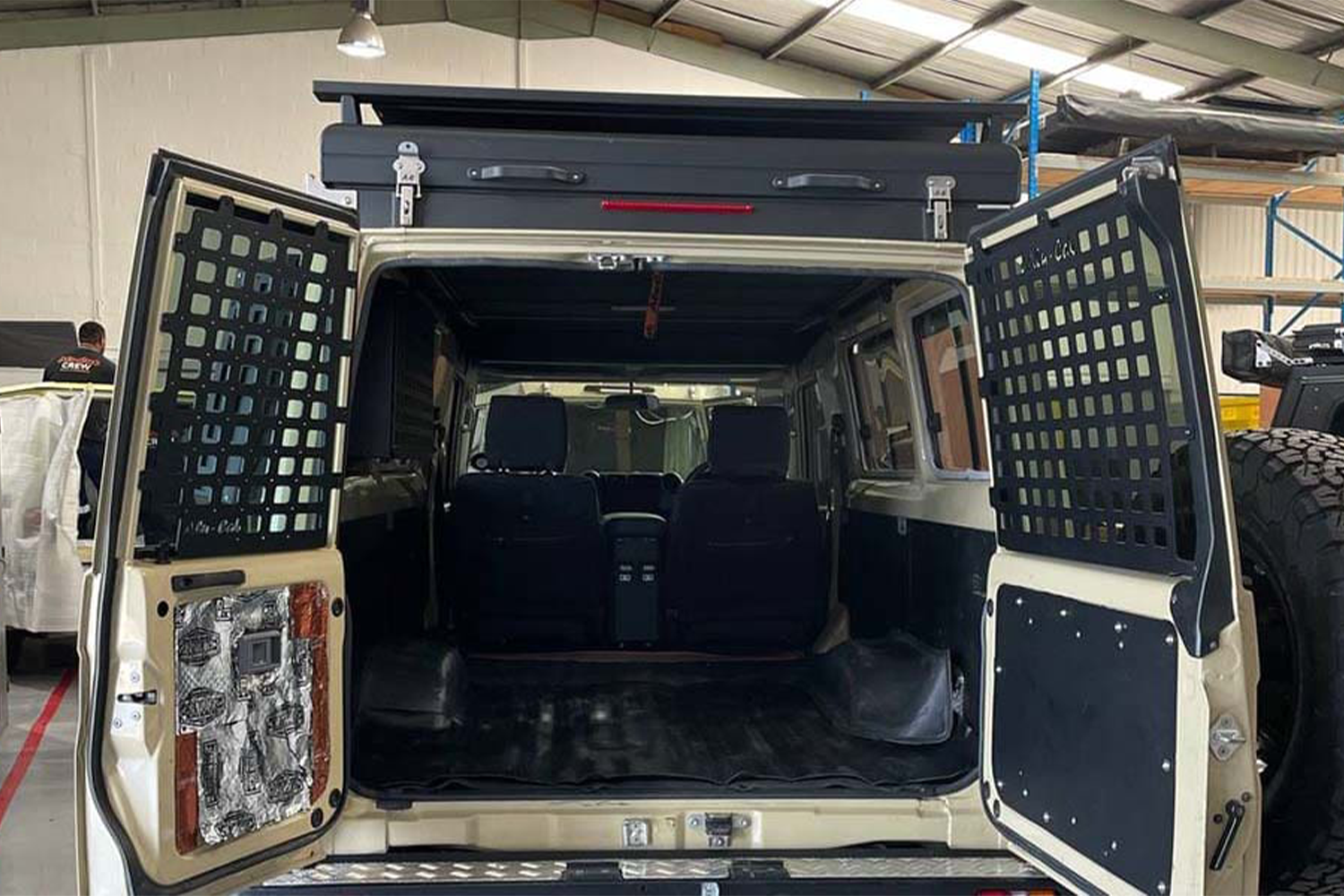 Alu-Cab Land Cruiser 78 Series Rear Door Molle Plates fitted to Toyota Land Cruiser 70 Series — Rival 4x4 Australia