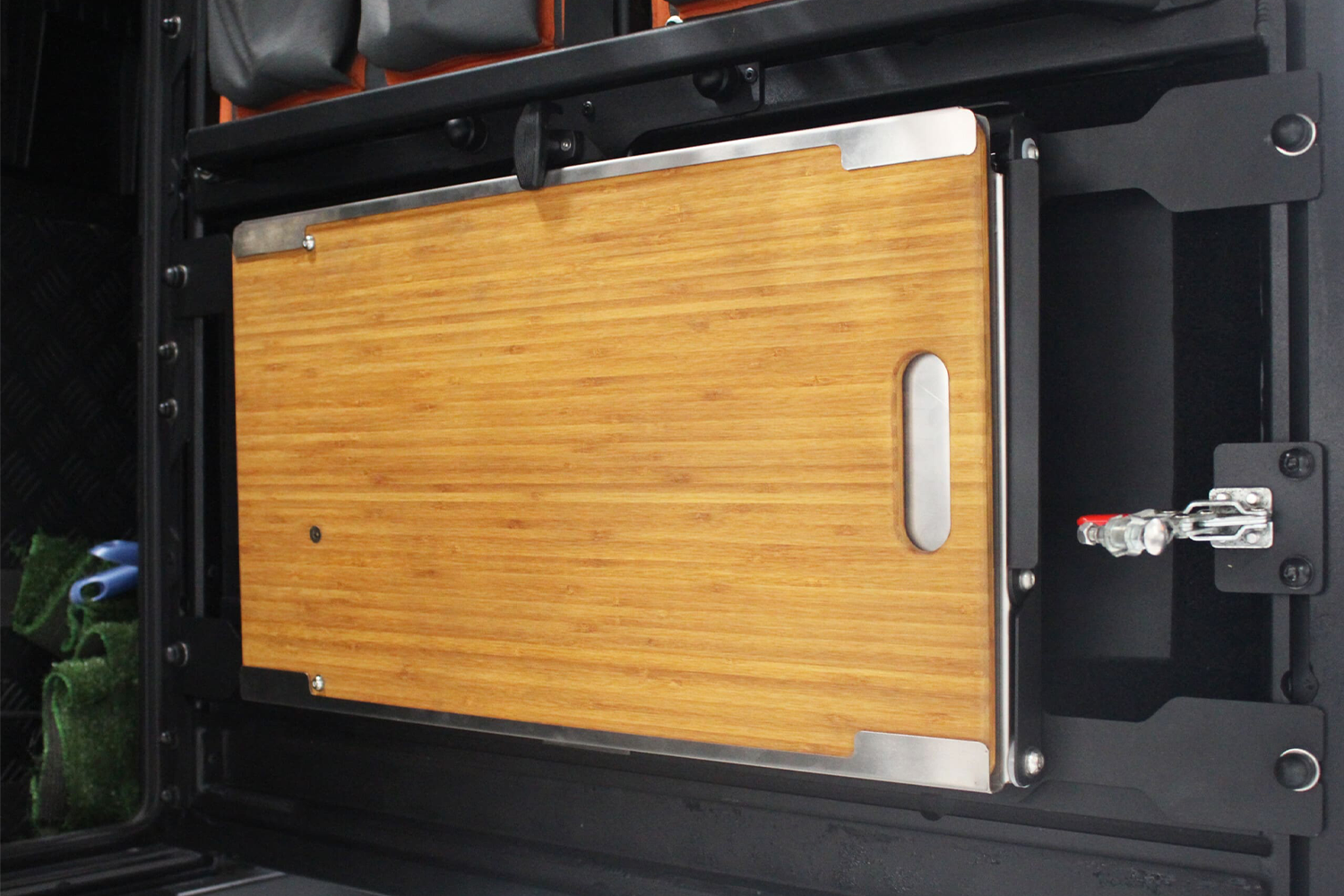 Alu-Cab 70 Series Rear Drop-Down Table & Mounting Bracket fitted to Toyota Land Cruiser 70 Series — Rival 4x4 Australia