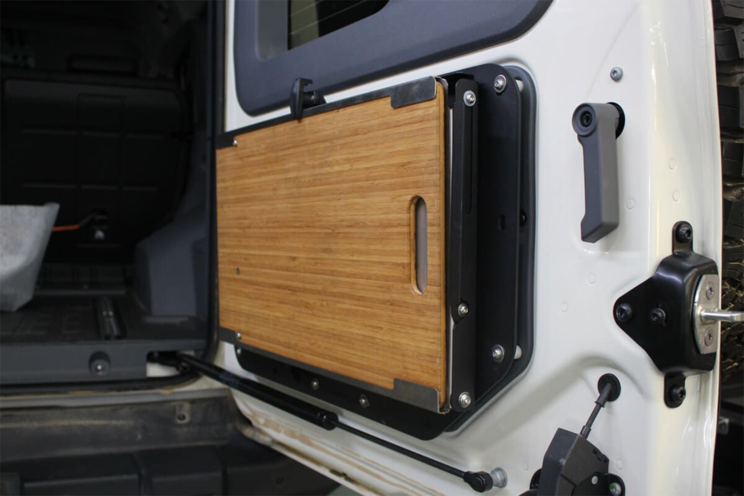 Alu-Cab 70 Series Rear Door Drop-Down Table Mounting Kit fitted to Toyota Land Cruiser 70 Series — Rival 4x4 Australia