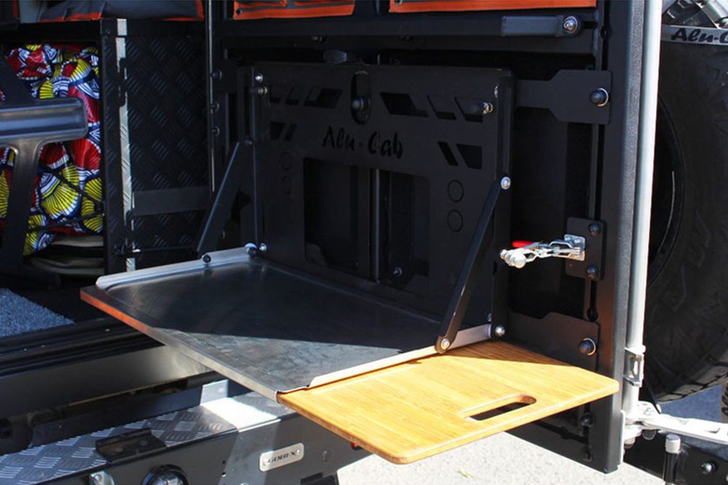 Alu-Cab 70 Series Rear Drop-Down Table & Mounting Bracket fitted to Toyota Land Cruiser 70 Series — Rival 4x4 Australia